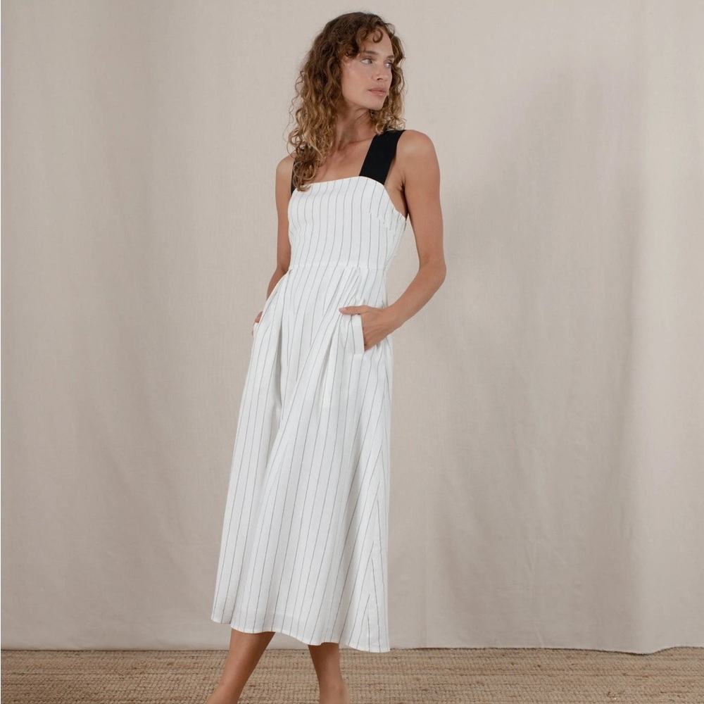 NWT LUXMII Gessato Linen Midi Dress Black Pinstripe